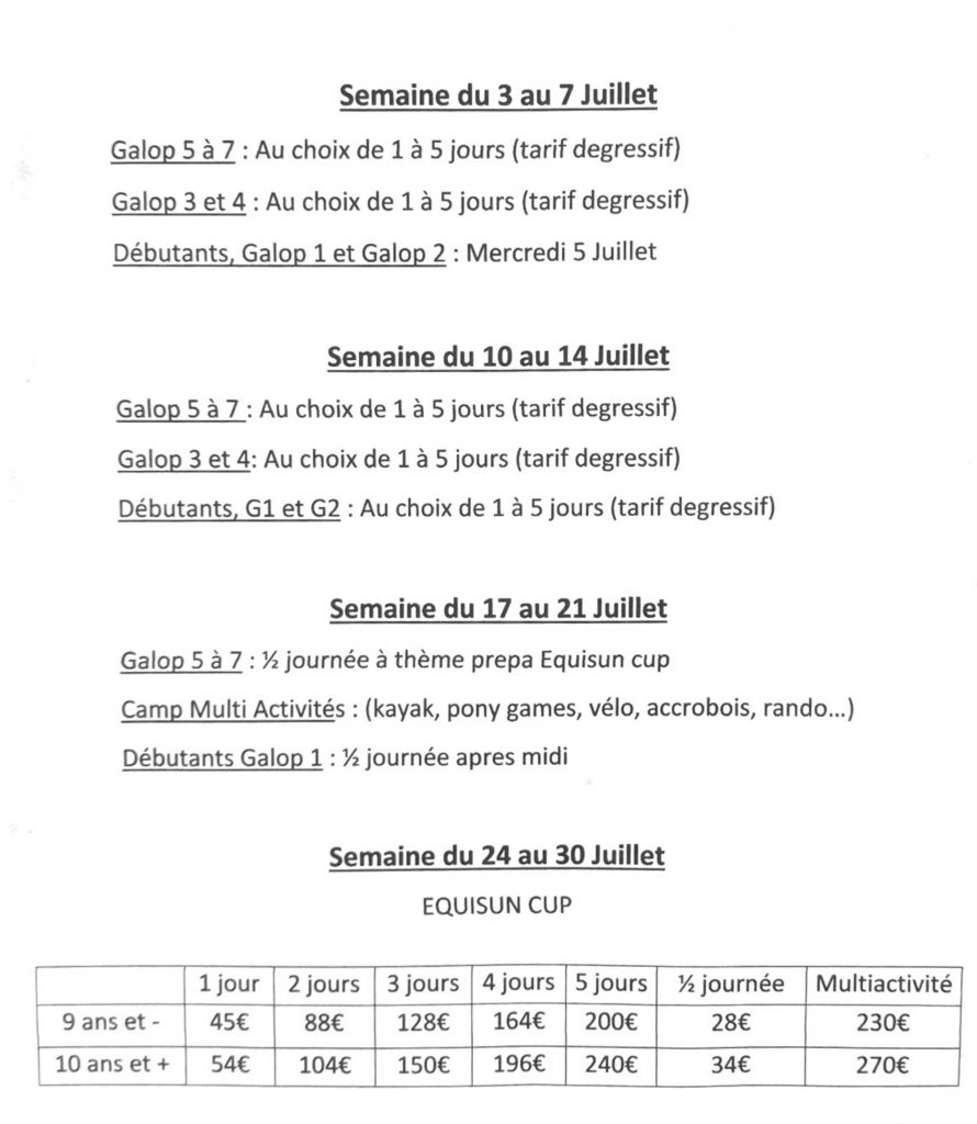 Dates des stages d'équitation été 2023
